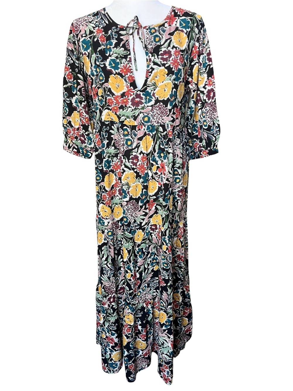 Natural Life Collette Black Multi Color Floral Boho Tiered Maxi Dress Size XS/SM